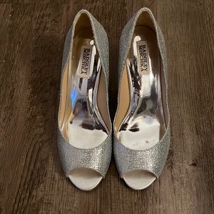 Silver and Sparkly Badgley Mishka Wedges, Size 9